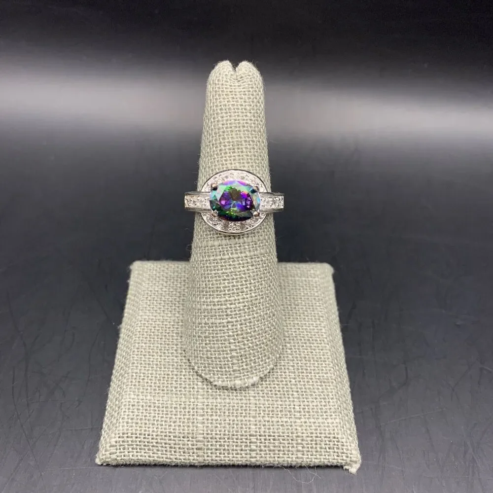 Colorful Rainbow Glass Ring Size 7 Silver Tone Statement Faux Mystic Topaz Glam